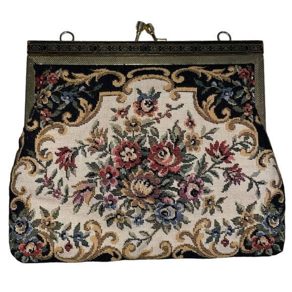 Vintage 1950’s Floral Petite-Point Snap Clutch Tapestry Embroidery Pattern Metal - Picture 1 of 14